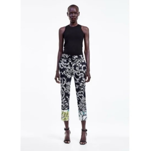 Zara Pants - ZARA Printed Ankle Pants | Black Cream Tropical Floral | 97% Cotton Stretch | 2
